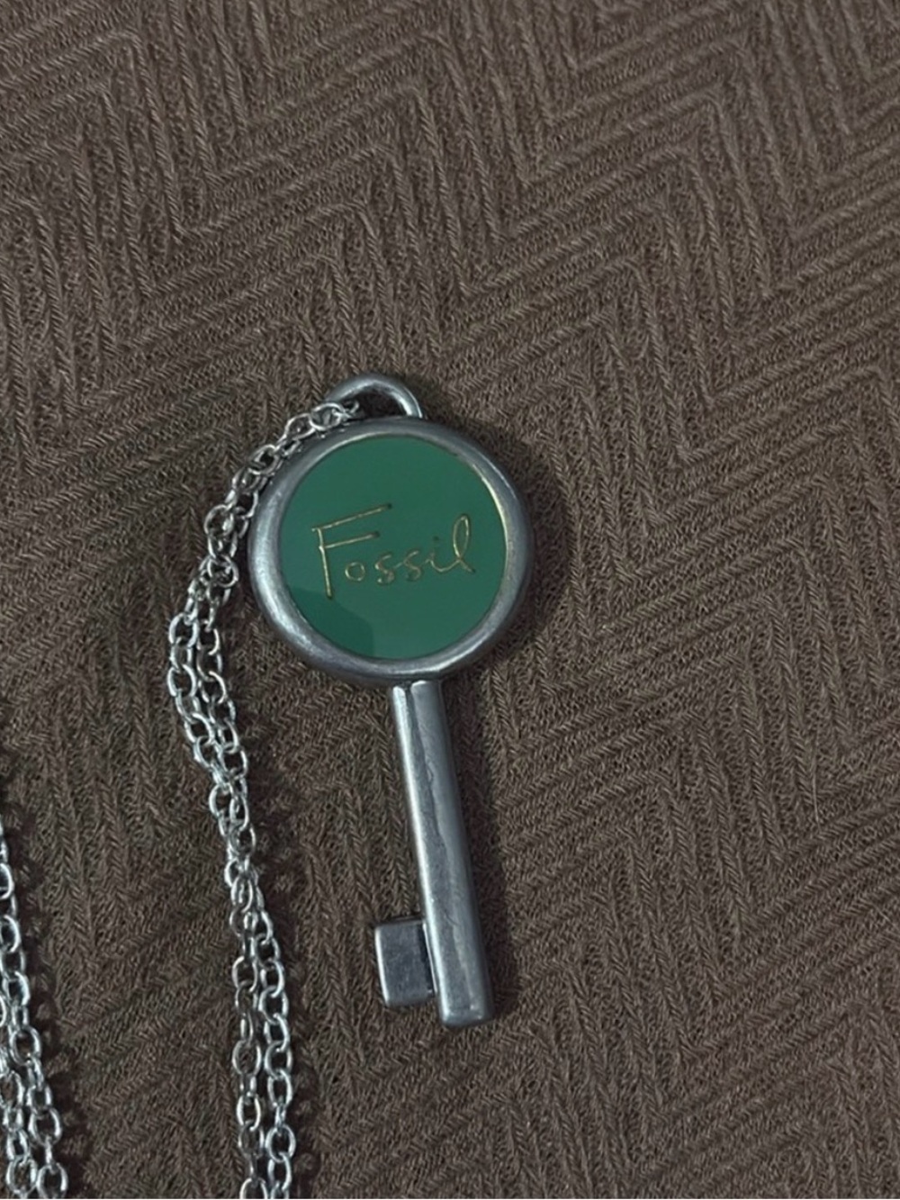 🌺Fossil Silver-Tone Key Pendant with Green Enamel